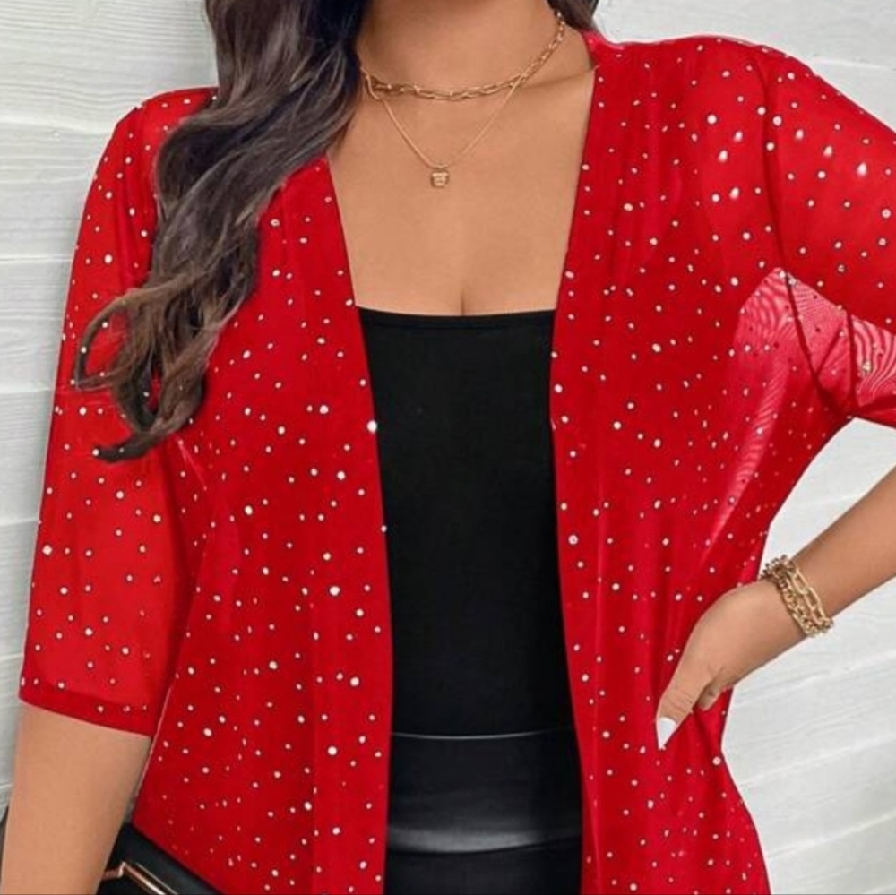 New Red Sheer Cardigan with Rhinestone Accents